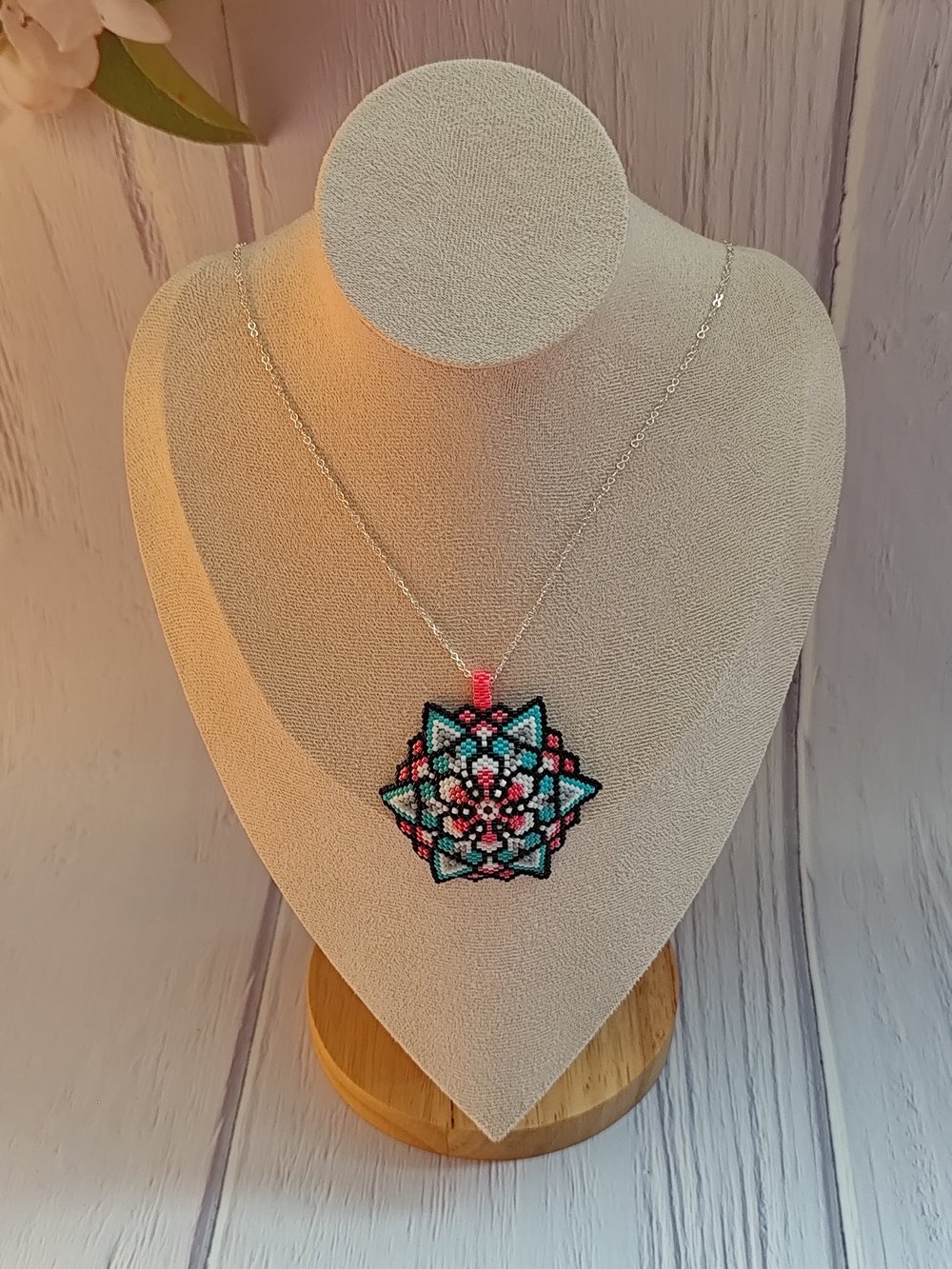 Handcrafted Turquoise and Pink Beaded Starburst Necklace